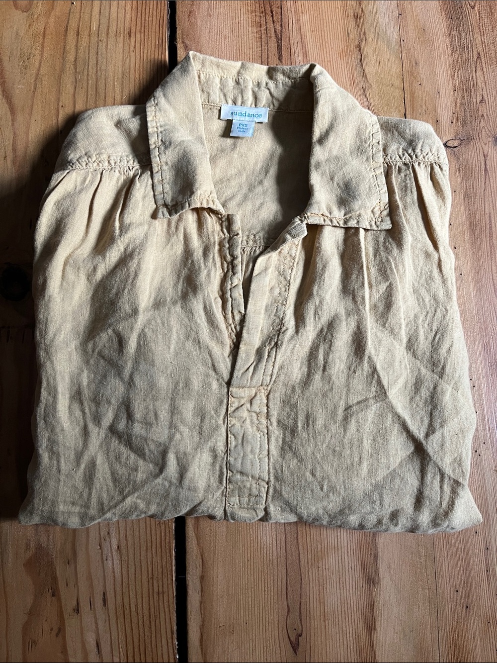 SUNDANCE Petite PXS Yellow 100% Linen V-Neck Pleated Blouse BoHo